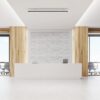 Close up of reception desk in light wood corridor METRO